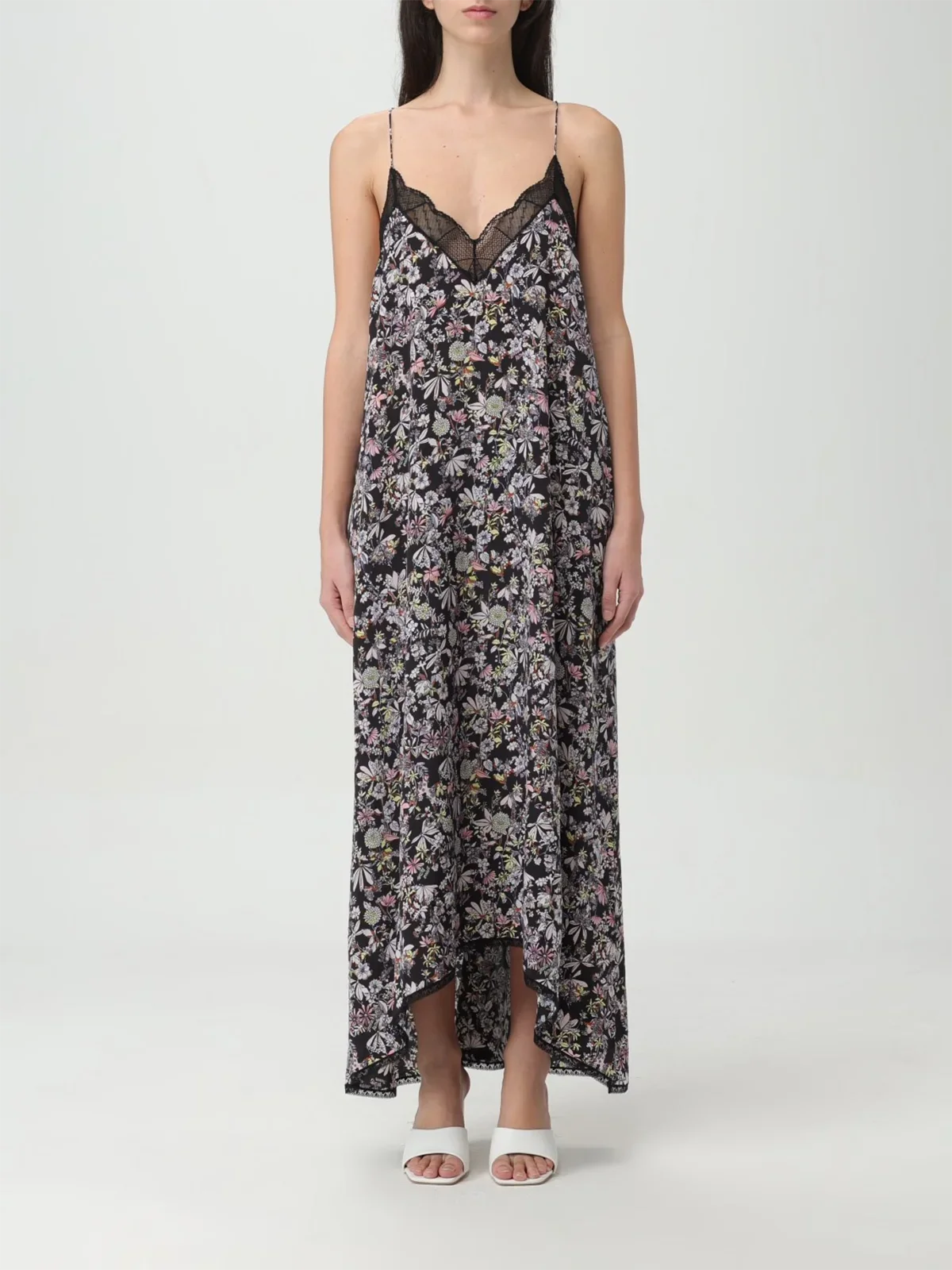 Summer casual plant printed silk camisole dress new women's lace patchwork V-neck floral sleeveless long dress