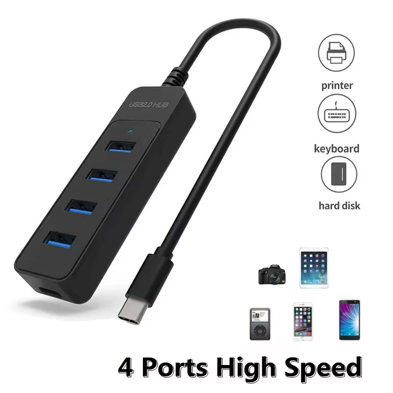 High-Speed 4-Port USB-C Hub with Power Adapter - Multifunctional Splitter Expander for Enhanced Connectivity
