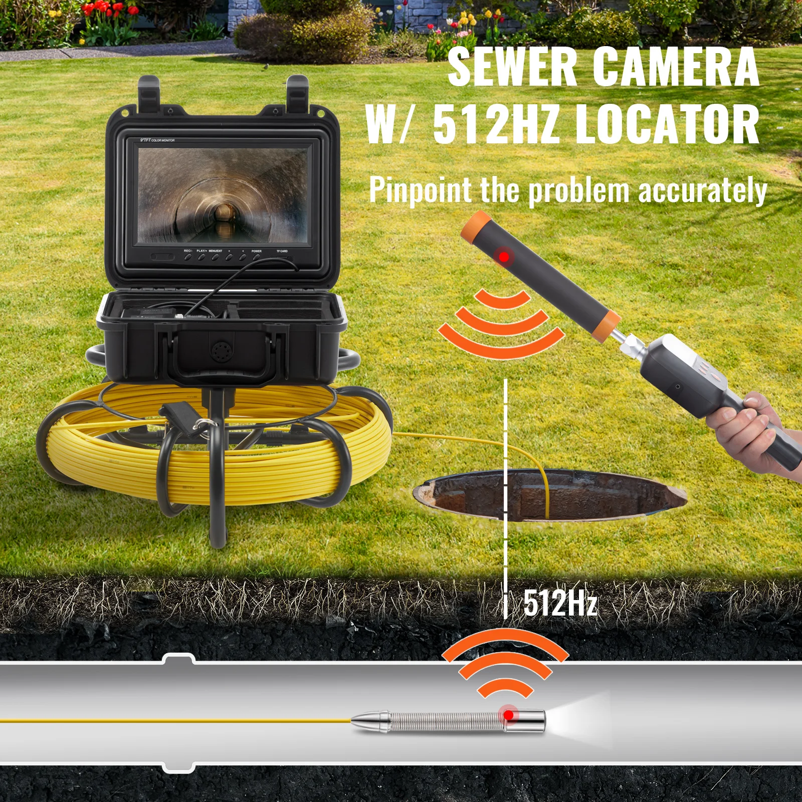 VEVOR DVR Recording Pipe Inspection Camera with 512Hz Locator IP68 9 Drain Sewer Camera w/12 Adjustable LEDs and 16 GB SD Card 5