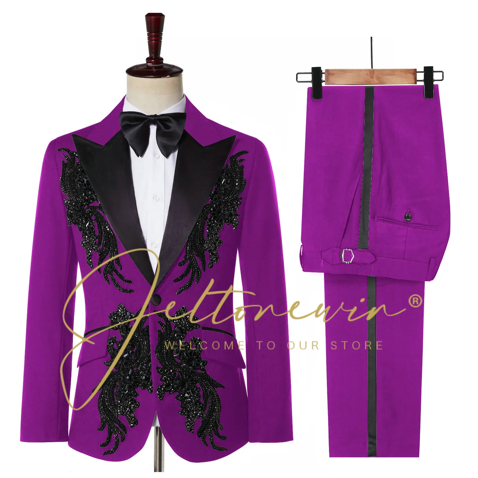 JELTONEWIN Costume Homme Mariage Ensembles De Blazers Original Photo Luxury Fashion 2 Piece Set Men Suit Beaded Wedding Suits