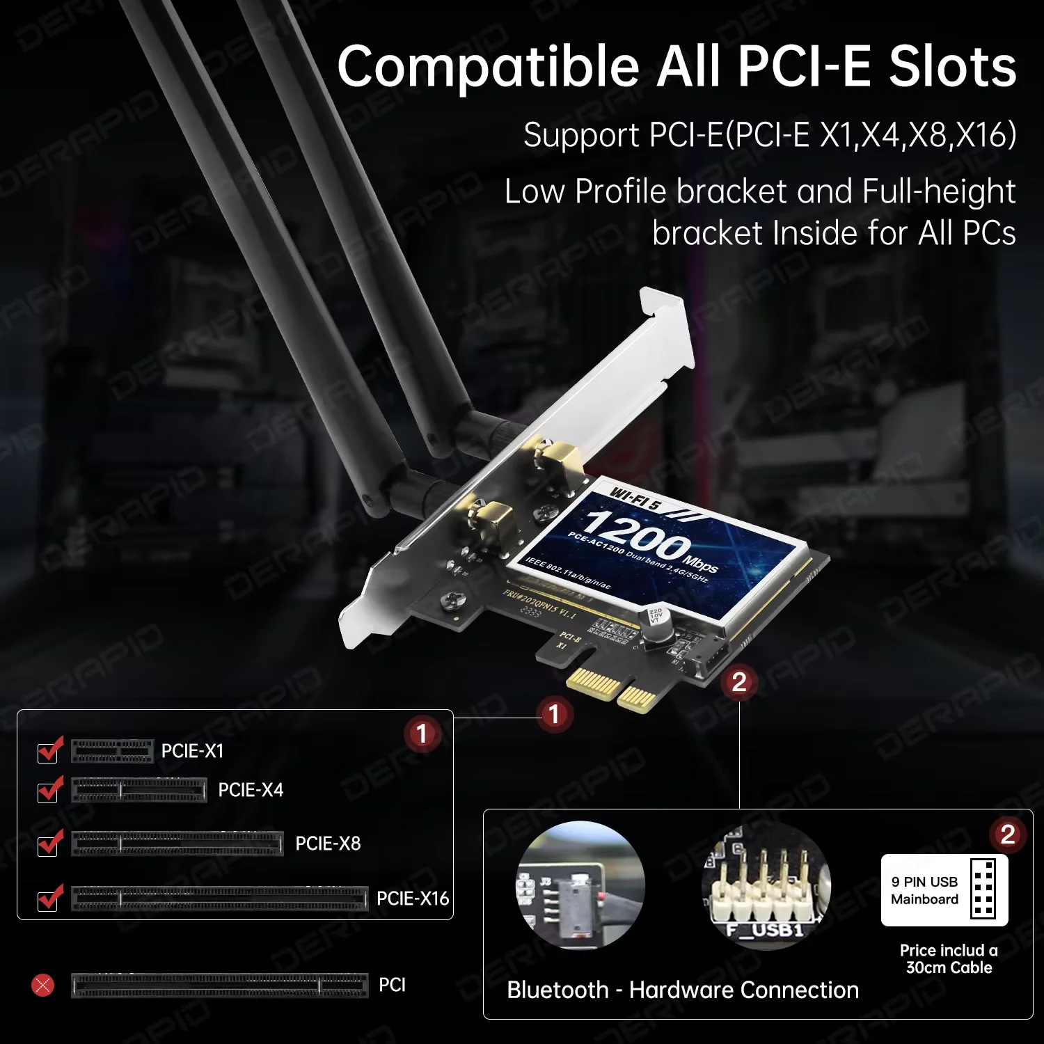 PC용 듀얼 밴드 AC1200 RTL8822CE 안테나 WiFi 카드 Windows 10 11용 Bluetooth5.1 867Mbps 5GHz PCIe 데스크탑 네트워크 어댑터