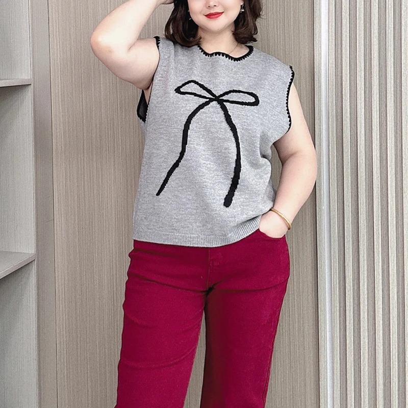 Women's Bow Jacquard Knitted Vest, Loose Casual Sleeveless Sweater, Plus Size, Autumn Winter, 385