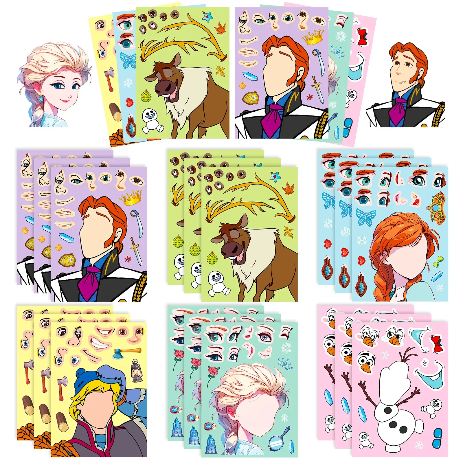 

6 Sheets Frozen Princess Puzzle Stickers Toy Make-a-Face Assemble Funny Cartoon Elsa Anna Decal Assemble Jigsaw Kids Xmas Gift