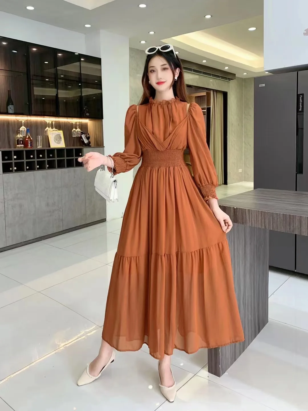 Spring  Women  Long Sleeve Slim Long Dress High Quality Elegant Big Hem Prom Dress Party Outfits  Muslim Maxi Dresses for Women