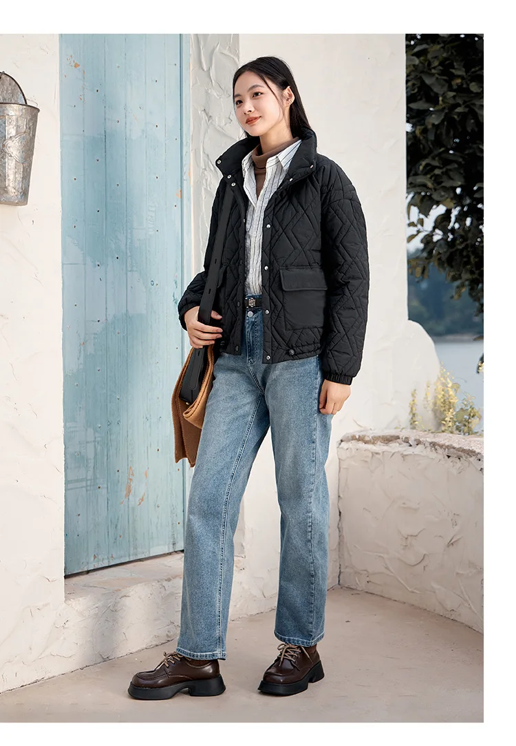 Cotton Clothing Women Stand Collar Loose New Winter Texture Rhombus Cotton Coat Fashion Casual