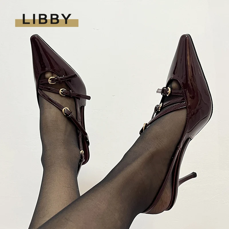 

Burgundy Pumps for Women Patent Leather Slingbacks with Buckles Stiletto Heels Sexy Pointed Toe Shoes 7CM/9CM 2024 Wholesaler