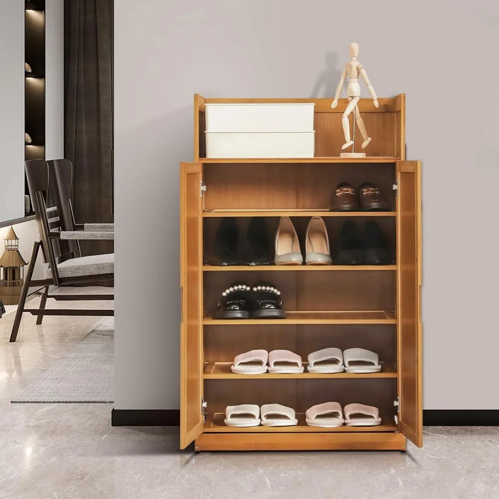 39" 6-Tiers Bamboo Shoe Storage Cabinet Drop Down Doors Shoe Rack Freestanding Organizer Shelf with Heigh