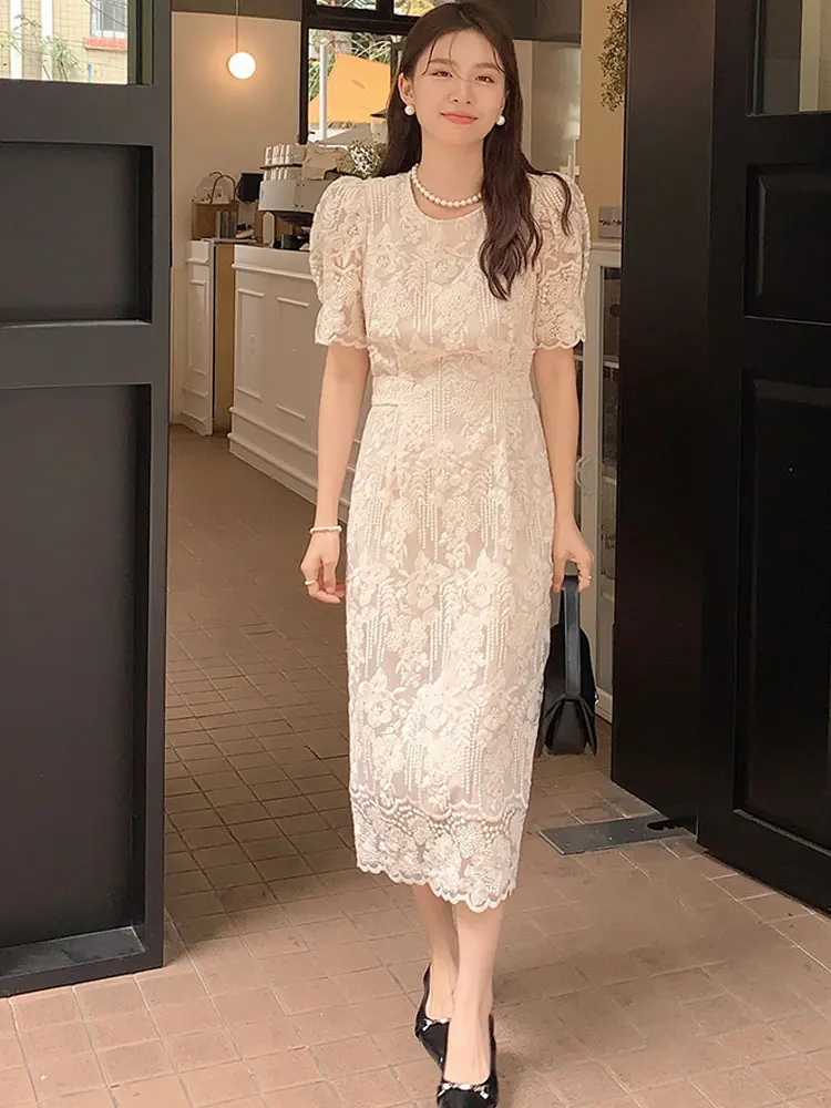 

New Summer French Style Lace Women Elegant O Neck Party Midi Dress Fashion Embroidery Cutout Apricot Office Lady Clothes Vestido