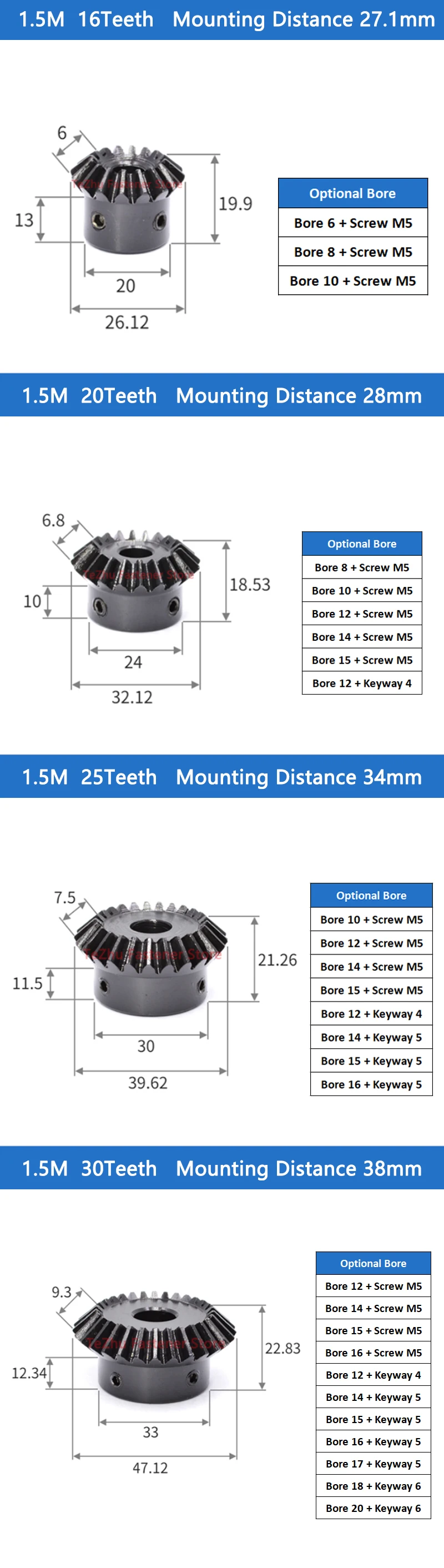 Description Picture 4 of item1pc Bevel Gear 1.5M 16 20 25 30 Teeth 90 Degrees Meshing Angle Steel Gear 1:1 Speed Ratio 1.5 Module 16T 20T 25T 30T Bore 6-20mm