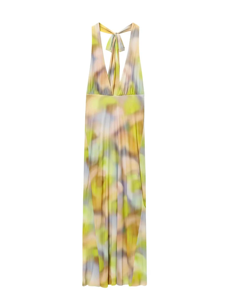 TFMLN Women Elegant Halter Long Dress Tie Dye Print Sexy Deep V-neck Halter Dress Summer New Slim Sleeveless Ankle-Length Dress