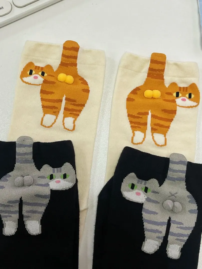 1/2/4 Paar Lustige Damensocken mit Abstraktem 3D-Katzen-Ei-Muster, Weiche Bequeme Katzen-Po-Bedruckte Niedliche Mittellange Socken – Detail 16