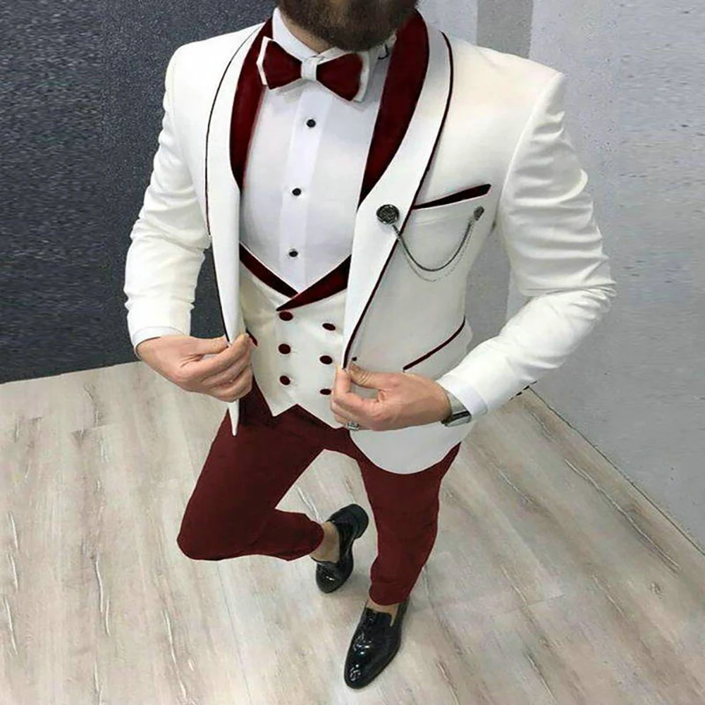 

2023 Men Suit Fashion Formal Business Slim Fit 3 Pieces White Blazers Burgundy Pants Men's Wedding Male Set Groom Suit