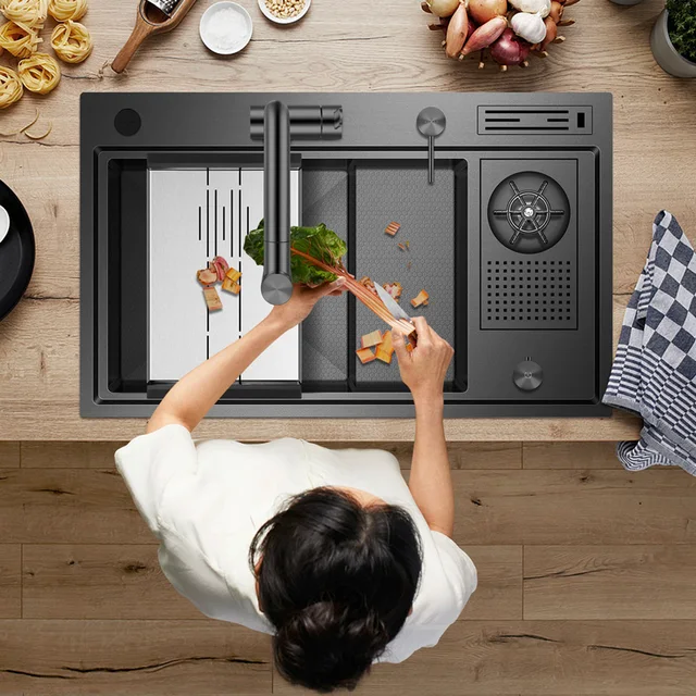 ASRAS ห้องครัวคุณภาพสูง 304 อ่างล้างจานสแตนเลส 2 ชั้น รูปแบบรังผึ้งนาโนสีเทามีสไตล์ 5