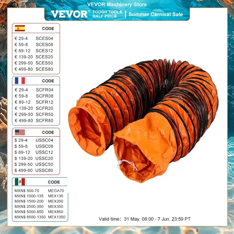 VEVOR Tuyau en PVC 4,9 m/7,6 m/9,8 m Gaine de Ventilation Flexible Tuyau Conduit Antidéflagrant pour Ventilateur d'Extraction