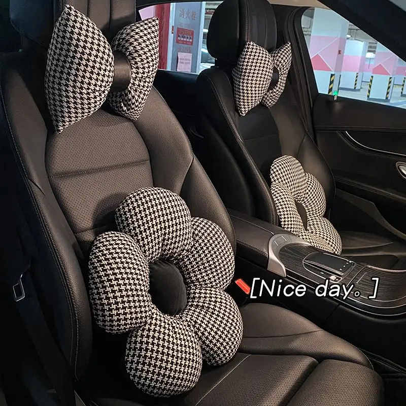 Car Headrest Waist Celebrity Houndstooth Auto Seat Back Pad Neck Support Pillow Cushion Interior Product for Female Lady Woman