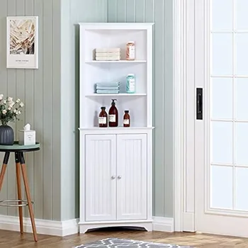 Home Tall Corner Cabinet With Two Doors and Three Tier Shelves Dresser Living Room or Bedroom Vanity Bathroom Furniture Wood Pia 2