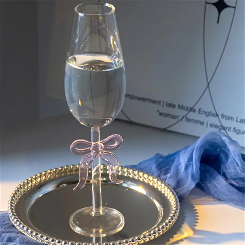 Creative Pink Bow Goblet Champagne Glass Transparent Simple Home Liqueur Cute Wedding Holiday Gift