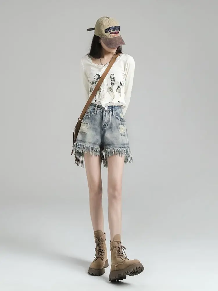 Summer Women's Light Blue High Waist Zippered Denim Workwear Shorts Retro Casual Fashion Female Clothing Jeans Pants