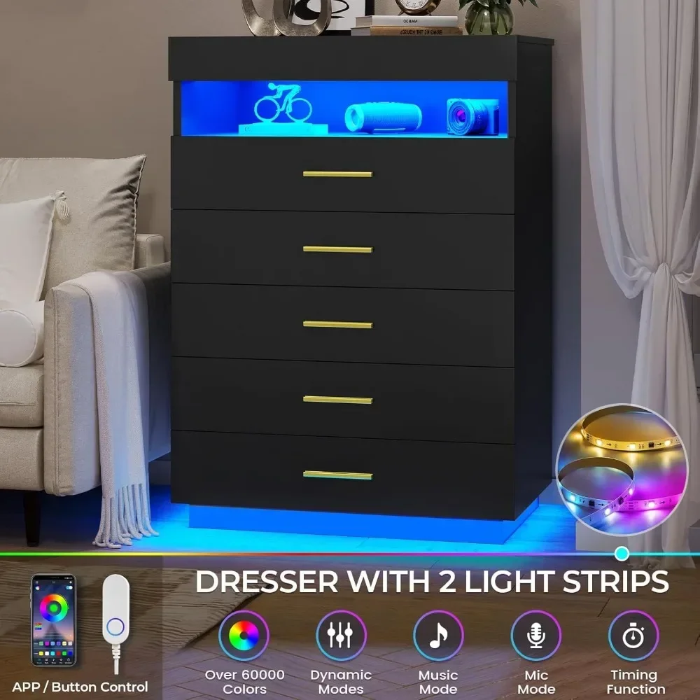Dresser with LED Lights, Floating Tall Dresser with 5 Large Drawers & Pull Out Tray, 5 Drawer Dresser Wood, Bedroom 3