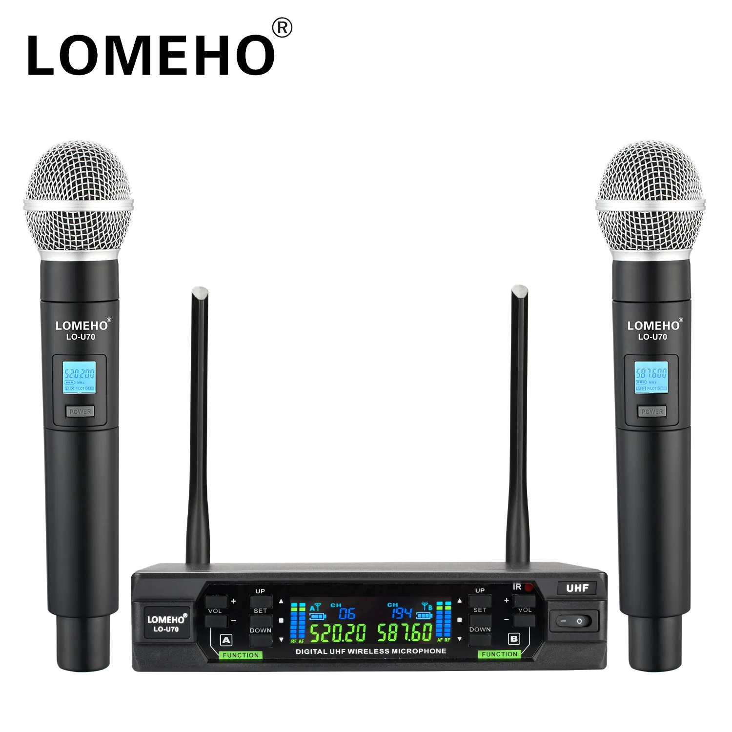LOMEHO Double UHF Microphone Wireless Adjust Frequency 2 Way Handheld Mic IR SYNC Dynamic Transmitter for Karaoke System LO-U70