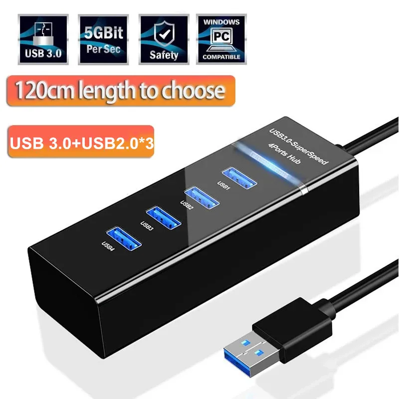 Elough 4 Ports Usb Hub 3 0 High Speed Multi Usb Splitter Adapter Otg For Xiaomi Lenovo Pc Computer Accessories 30/120cm - Docking Stations & Usb Hubs - AliExpress