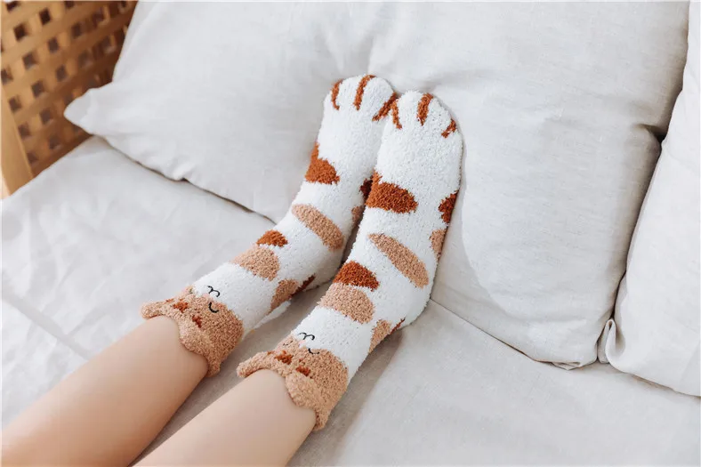 2 Paar Kawaii Cartoon Flauschige Socken Damen Katzenpfoten-Muster 3D-Socken Super Dicke Weiche Gemütliche Fleece-Socken für den Winter – Detail 27