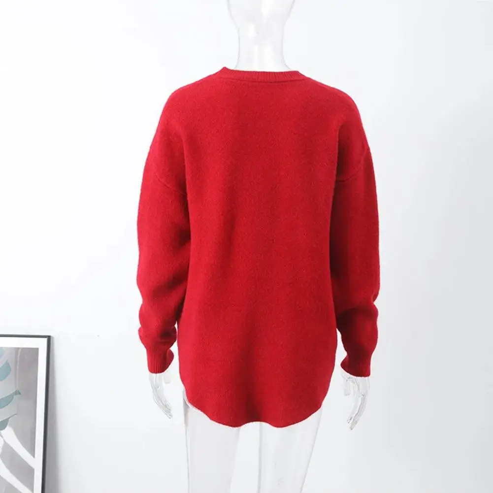

Round Neck Blouse Cozy Mid-length Solid Color Sweater for Women Loose Fit Round Neck Pullover with Irregular Hem Thick Warmth