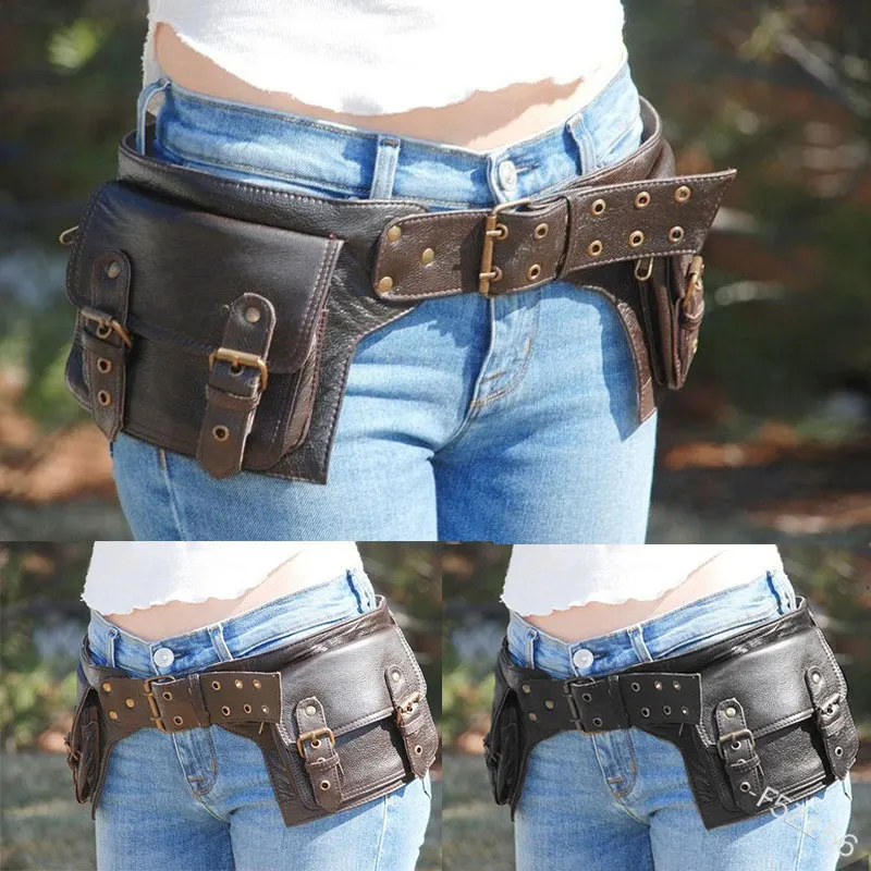 

Medieval Steampunk PU Leather Utility Belt Waist Bag Pouch Travel Holiday Pockets Viking Knight Women Waist Bag Cosplay Props
