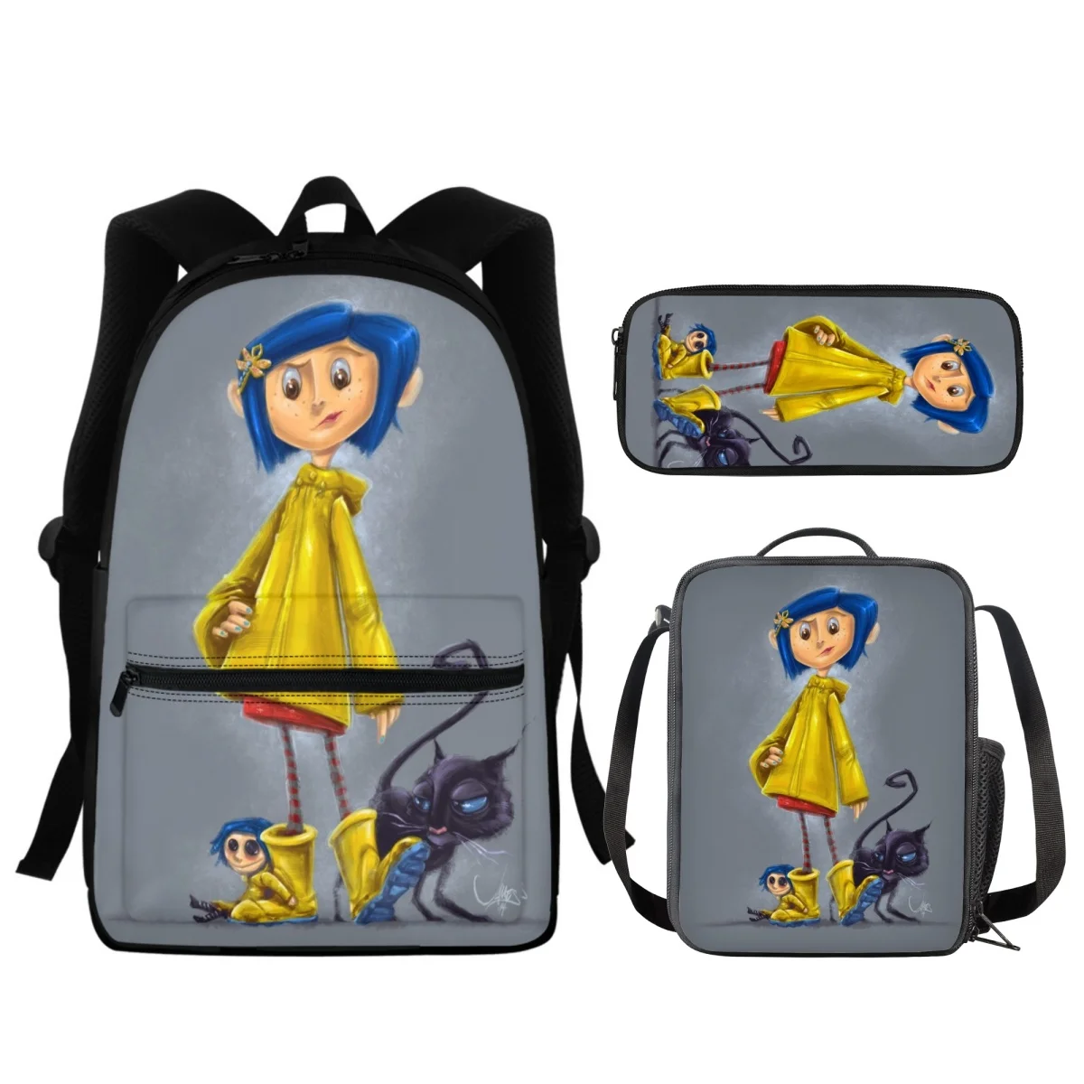 New Arrivals Coraline Fluffy Schoolbags Student 3Pcs/Set Pencil Case Handy Meal Bags Fashion Girls Backpacks Lightweight Escolar