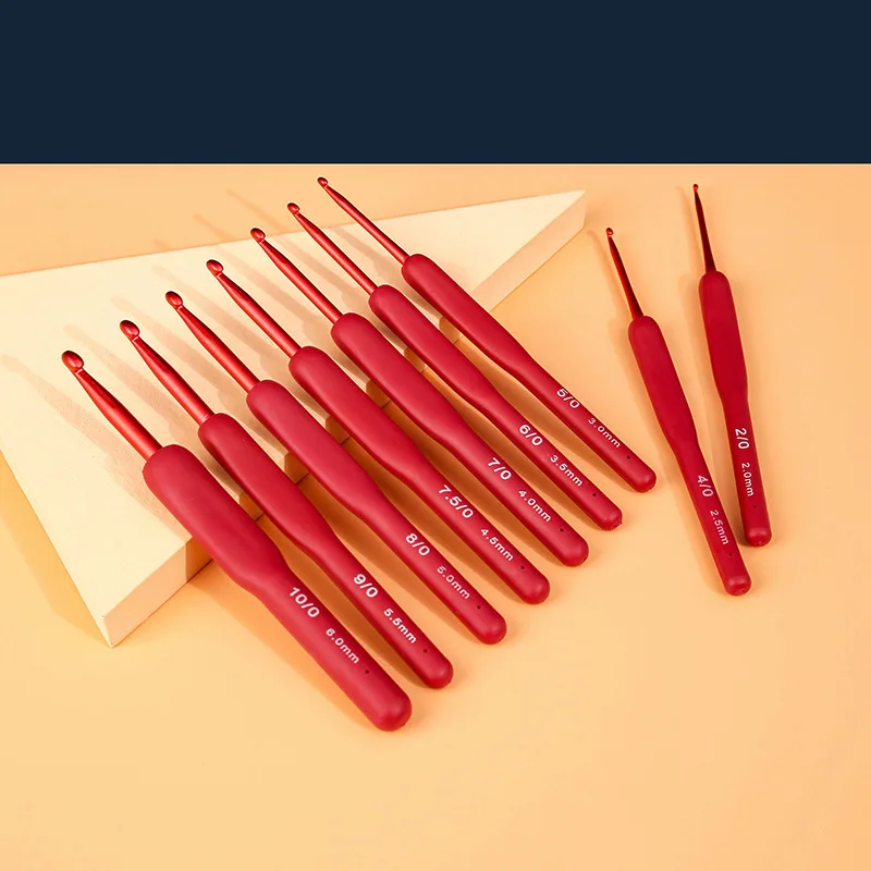 9PCS Oppo Packaging Knitting Tool Set 2.0mm-6.0mm Single Head TPR Red Handle Silicone Crochet