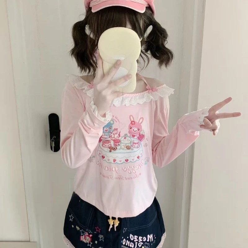Japanese Girls Cartoon Printing Halter T-shirt Harajuku Grunge Kawaii Cute Loose Tees Women Y2k Aesthetic Lace Patchwork Tops 4