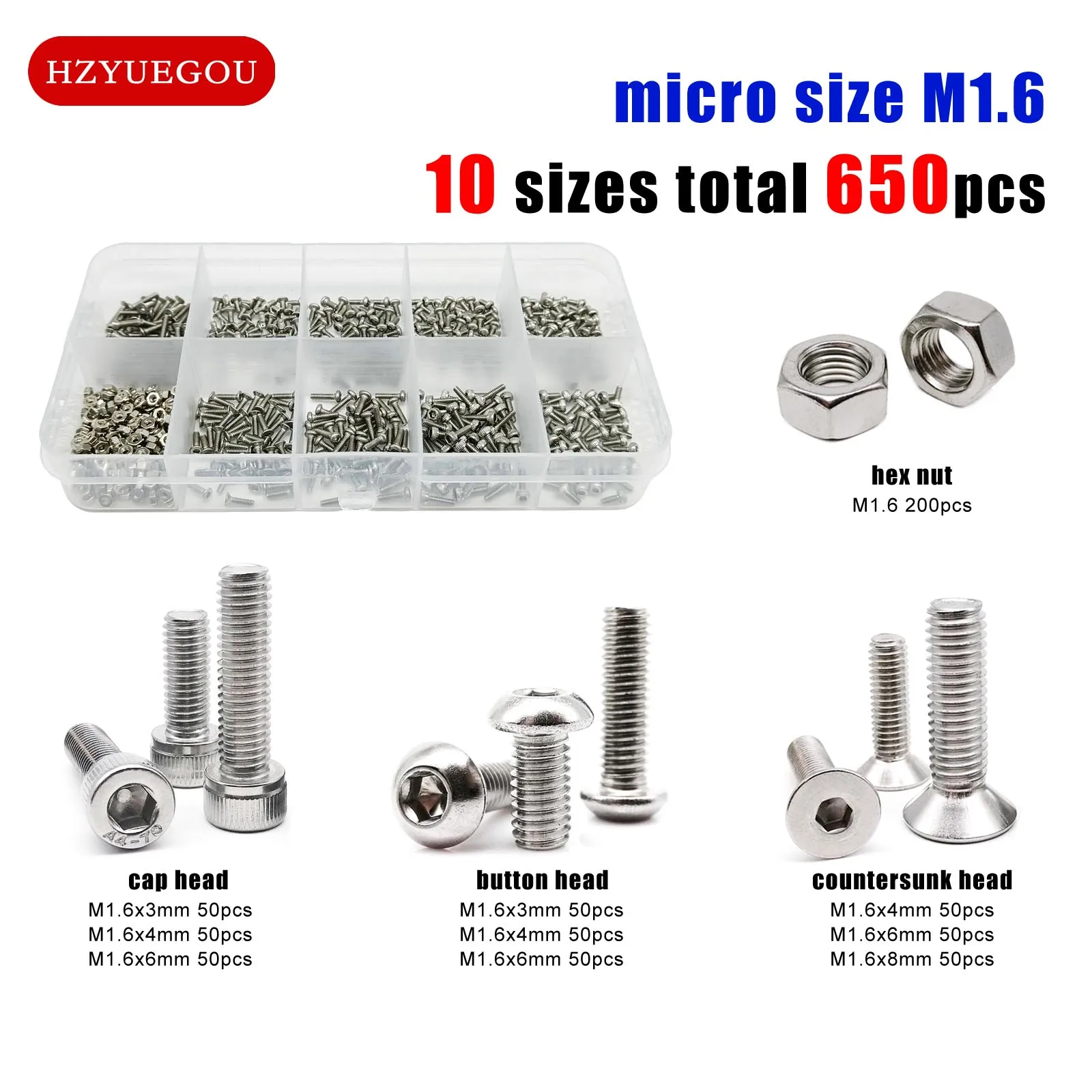 Description Picture 3 of item650pcs/box Micro Small 10 Size M1.6 Allen Hex Socket Head Cap Button Flat Countersunk Screw Bolt Nut Set Kit 304 Stainless Steel
