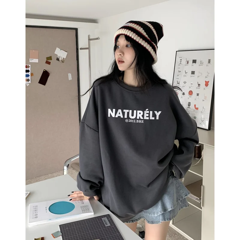 

Women Grey Sweatshirt Round Neck Letter Print Korean Fashion Vintage Leisure Baggy Winter NEW Long Sleeves Green Pullover Tops