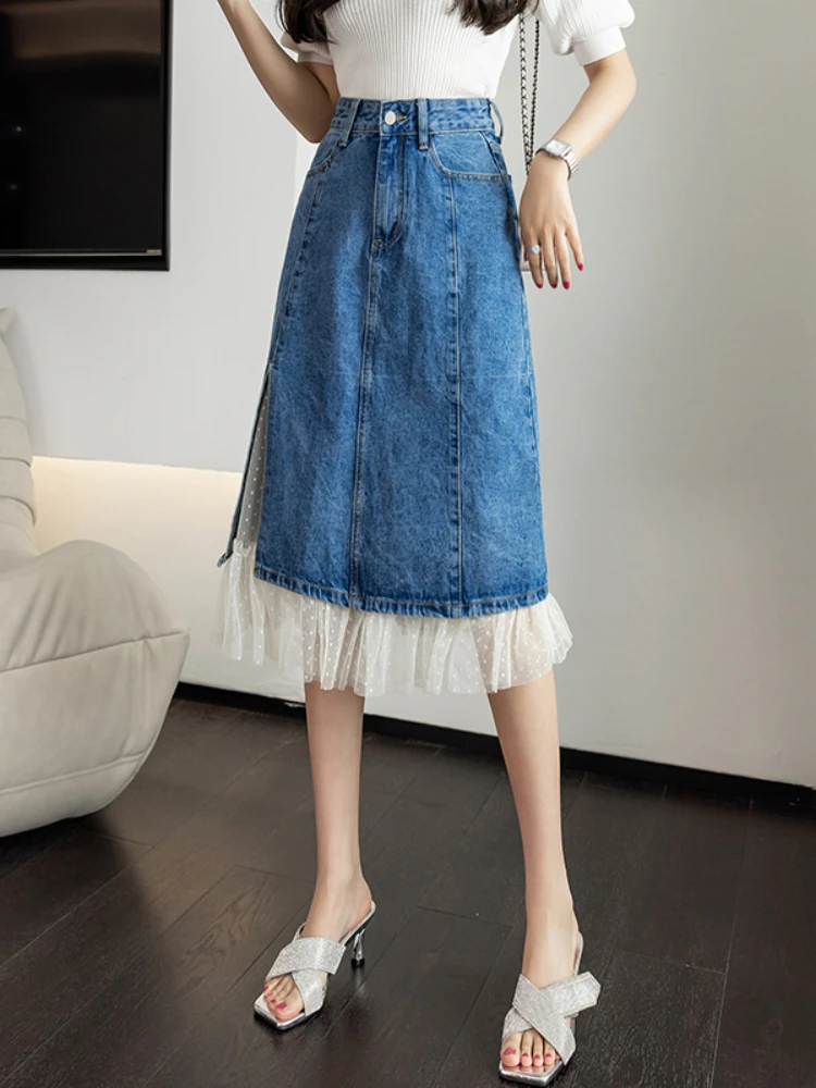 tweed skirt LY VAREY LIN New Spring Women Fashion High Waist Denim Skirts Lady Slim Casual Lace Patchwork Blue A-line Split  Mesh Skirts summer skirts Skirts