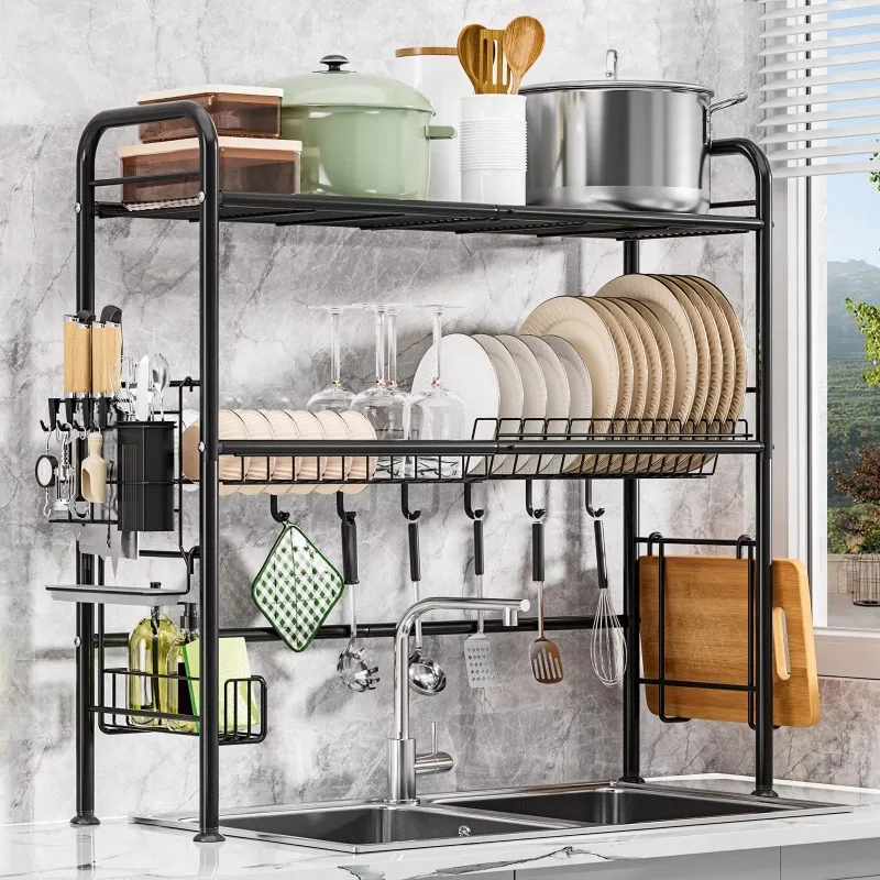Over-Sink Dish Drying Rack with Sponge Holder Multi-Functional Kitchen Storage Shelf for Plates Utensils and Cleaning Tools