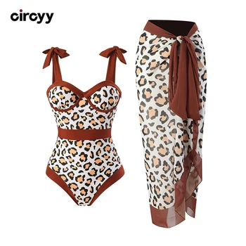 Circyy One Piece Swimsuit Women Print Beachwear Halter Sexy Bikini Lace Up Chiffon Slim Long Skirt Summer 2025 New Bathing Suit