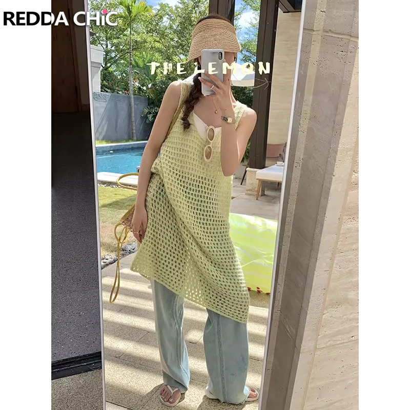 

REDDACHiC Hollow-out Crocheted Women Long Dress Overlay Retro Casual Plain Sleeveless Scoop Neck Knit Tank Dress Korean Clothes