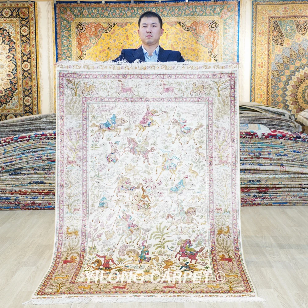 

4'x6' Persian Hunting Design Carpet Exquisite Beige Oriental Hunting Silk Rugs (ZQG476A)