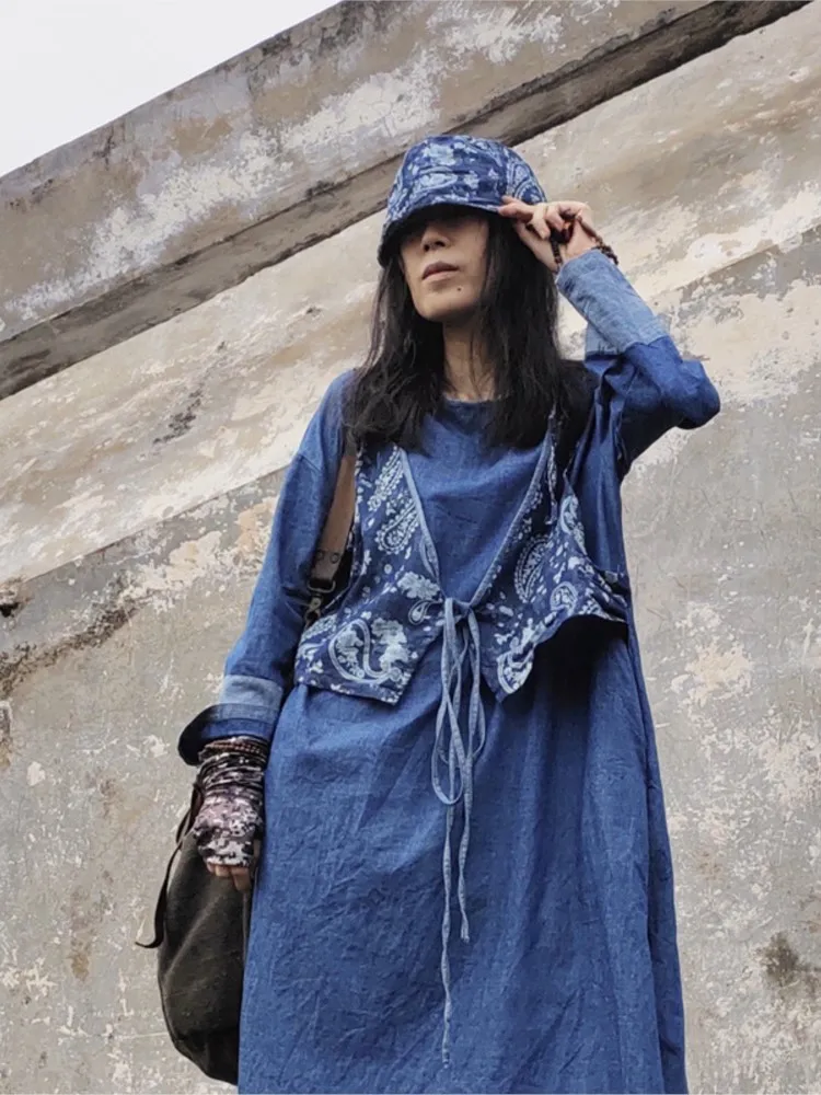 Johnature Women Fake Two Piece Suit Denim Cotton Dress Vintage Blue