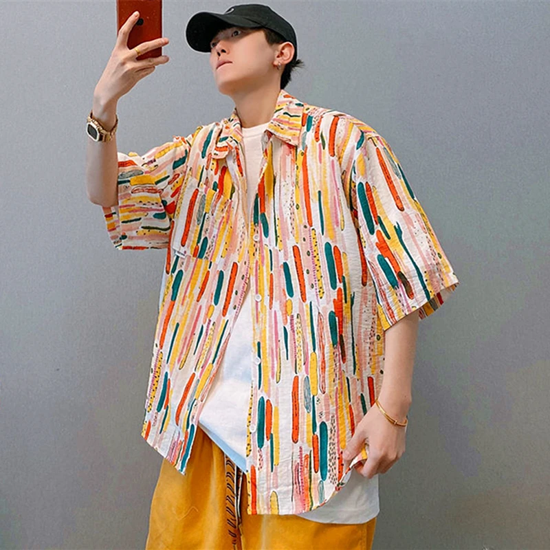 

Ins Hand-Painted Art Striped Button Up Shirt Summer Beach Mens Shirt Womens Tops Loose Casual Large 2XL Hawaiian Vintage Blouses