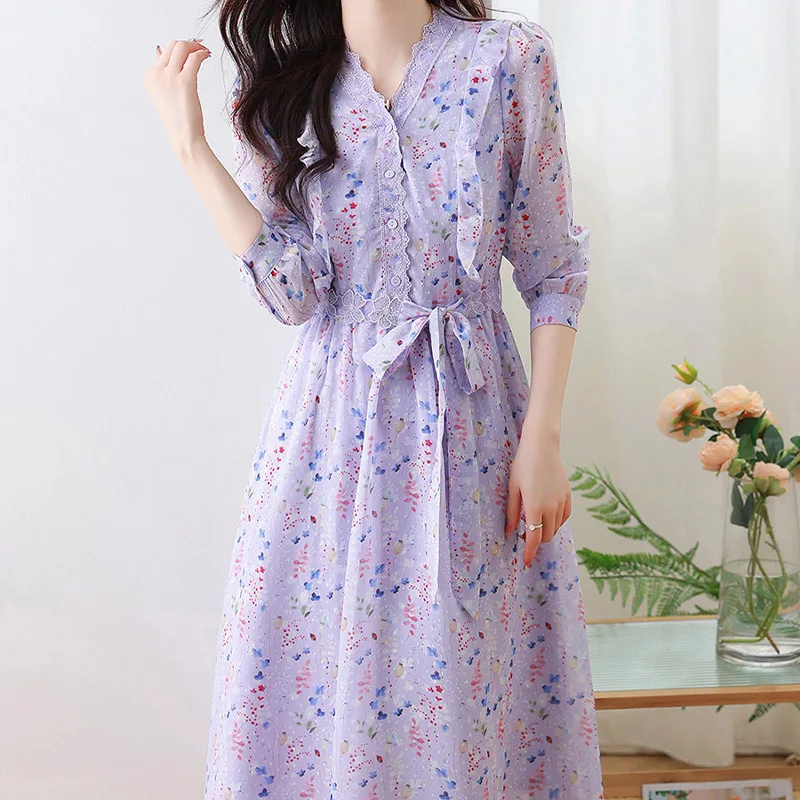 

Purple Chiffon Floral V-neck Birthday Dresses for Women 2024 Early Spring New Elegant Fashion Waist Cinched A-line Dress Clothes