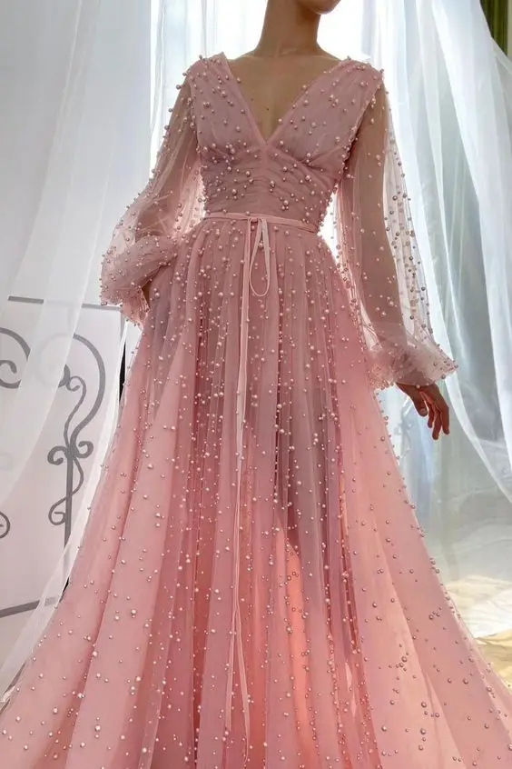 

Pink Pearls Prom Dresses Beaded Puffy Full Sleeves A Line Pleats V Neck Illusion A Line Long Floor Length Evening Gowns Formal