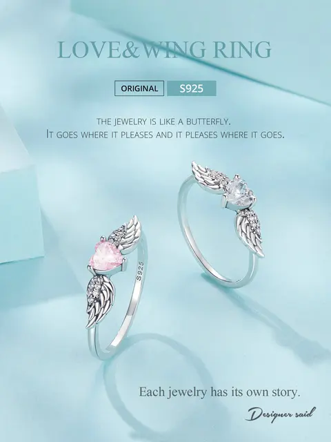 WOSTU 925 Sterling Silver Angel Wing Ring For Women Clear Heart