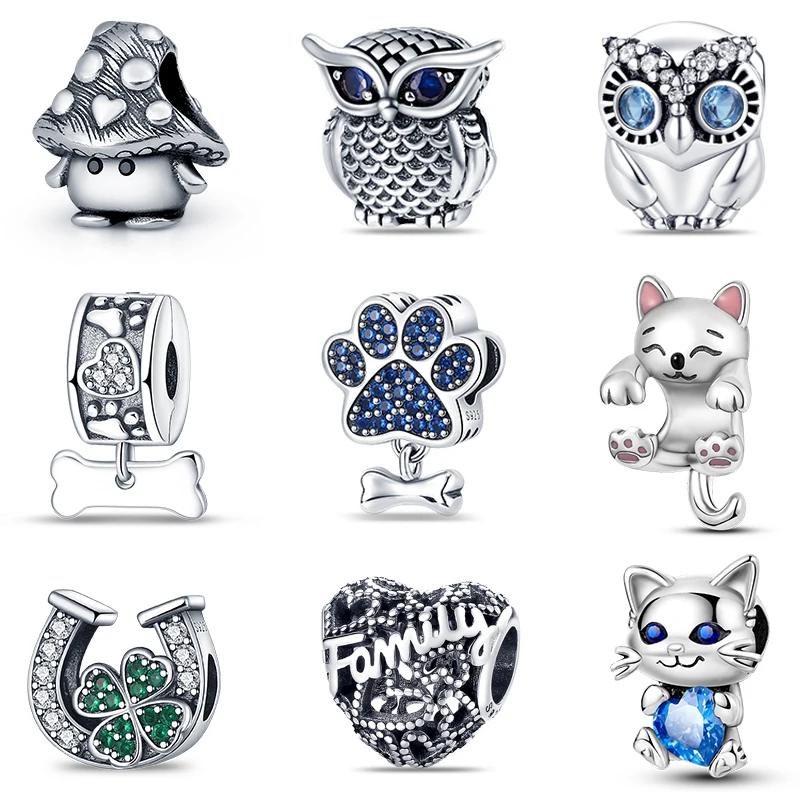 Animal Charms Beads 925 Silver Color Mushroom Owl Cat Bone Fit Pandach 925 Original Bracelets DIY Birthday Jewelry Gifts