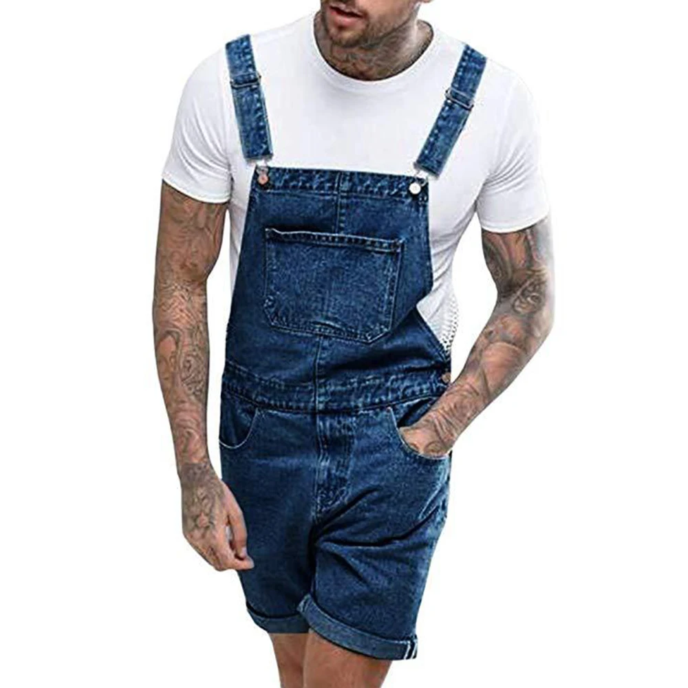 Men's Vintage Jeans Overalls Solid Color Elastic Denim Jumpsuit With Pockets Men Summer Casual Button Suspenders Short Pants men jeans denim pants