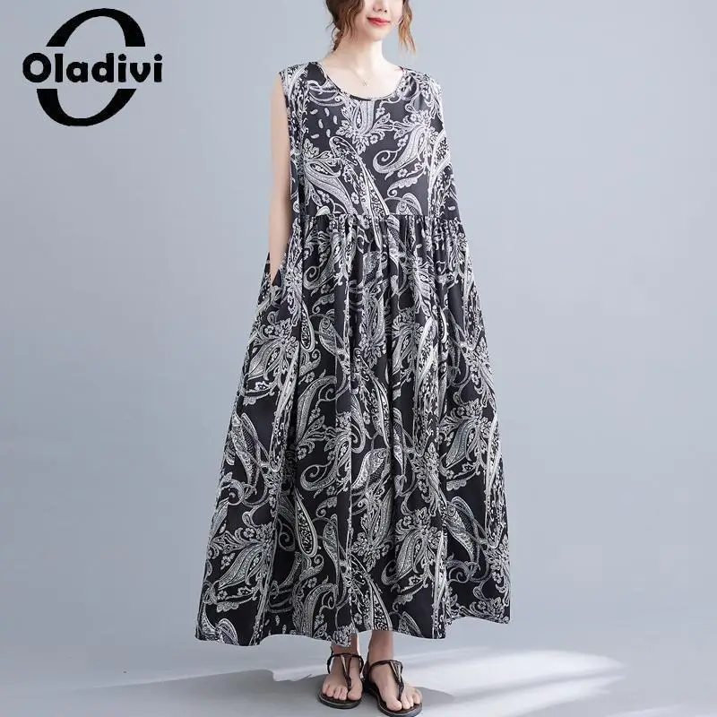 

Oladivi Fashion Women Sleeveless Long Boho Dress 2023 Summer New Casual Bohemian Dresses Vintage Ladies Oversized Clothing 5126