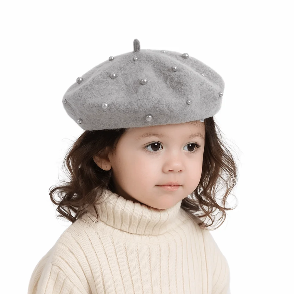 Fashion Pearl Children's Beret Solid Color Woolen Baby Wool Hat Thicken Korean Style Painter Hat Autumn