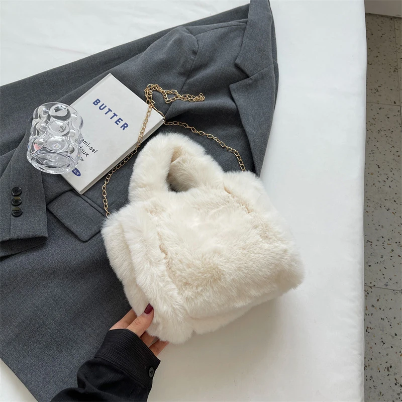 Borsa A Tracolla Invernale In Pelliccia Sintetica Per Donna, Con Bottoni, Stile Tote