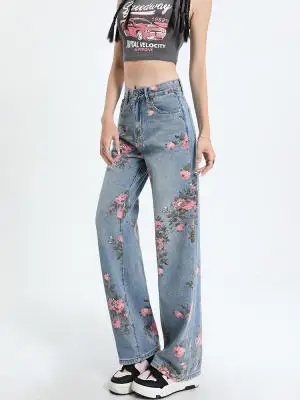Hong Kong Style Floral Jeans For Women