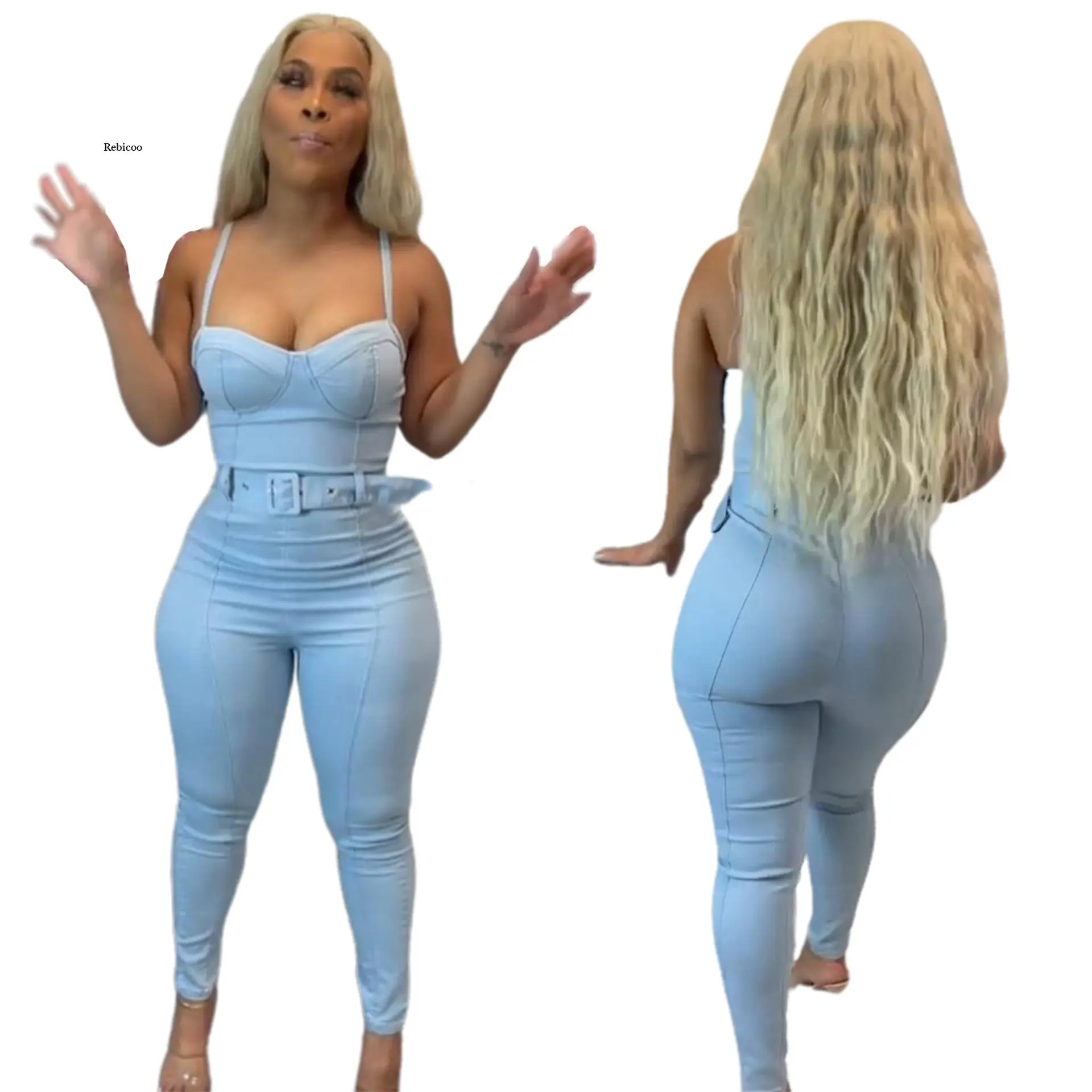 

Sexy Women Strapless Denim Club Overalls Spaghetti Strap Bodycon Blue Jeans Pencil Jumpsuit Romper